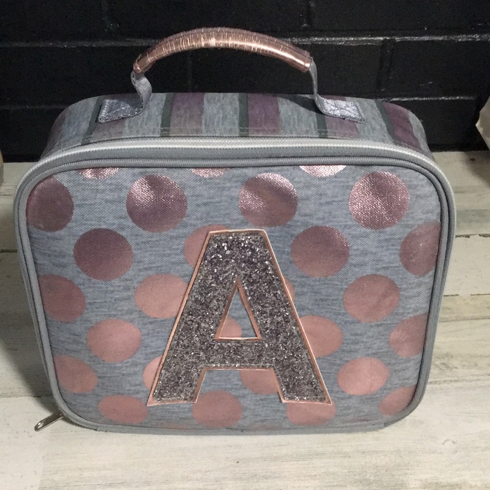 Justice cooler bag solver gray with lavender polka dots and glitter initial A